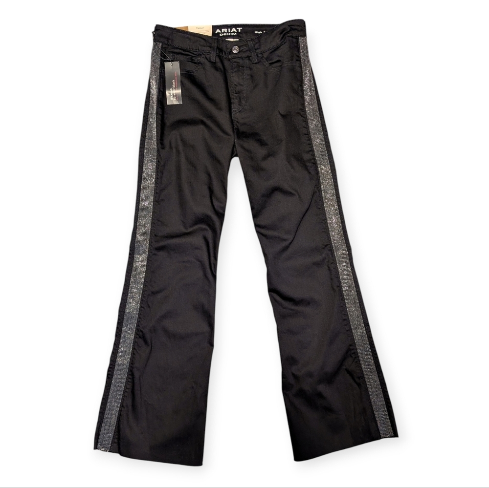 NWT Ariat Women High Rise Slim Trouser Black Jeans Silver Chain Stripe 29 Short